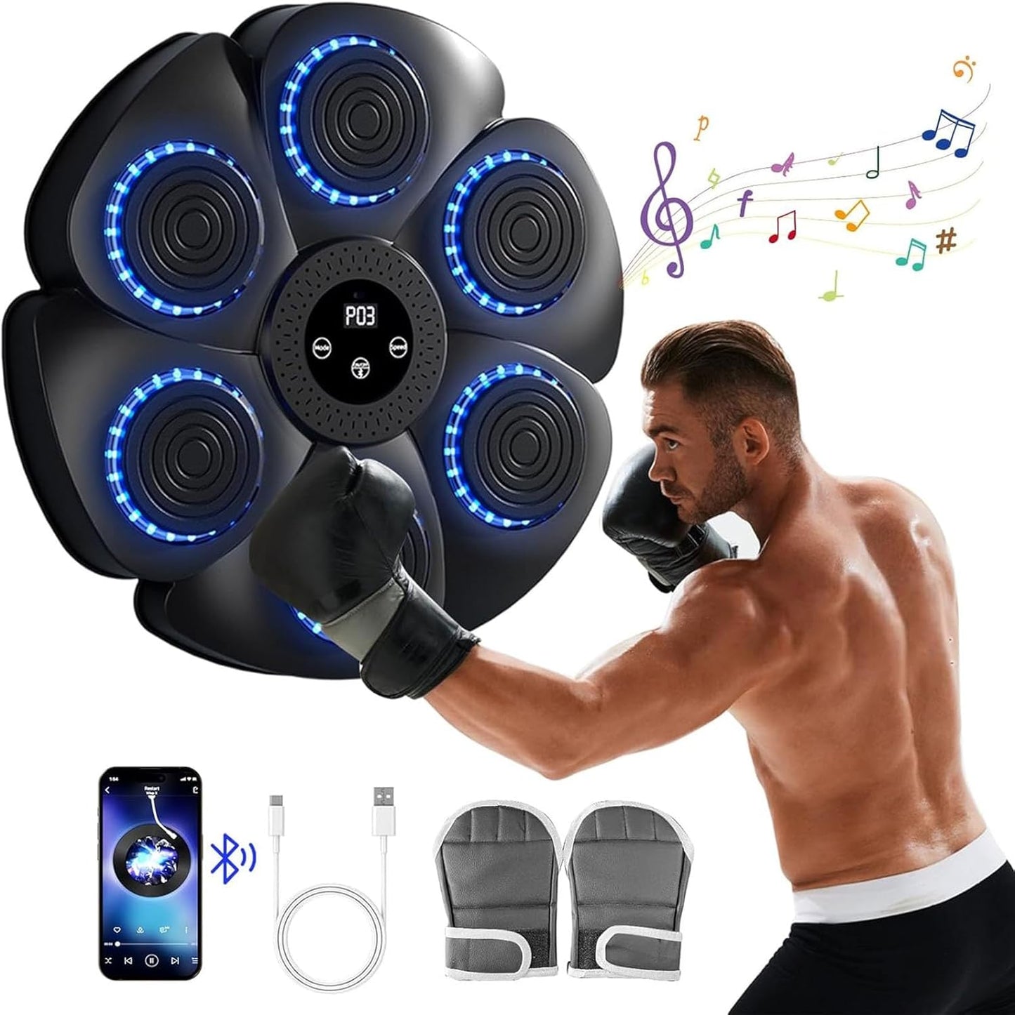Wall Mount Boxing Machine Bluetooth Black Punch Pad + Gloves
