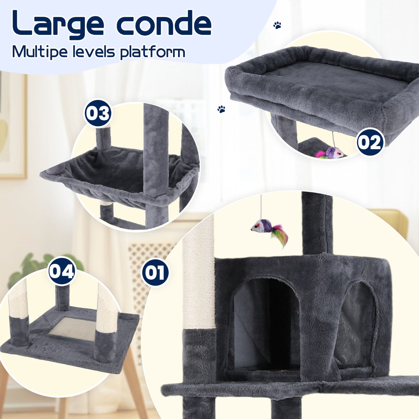 Cat Tower Tree Condo Scratching Post Dark Grey 142cm