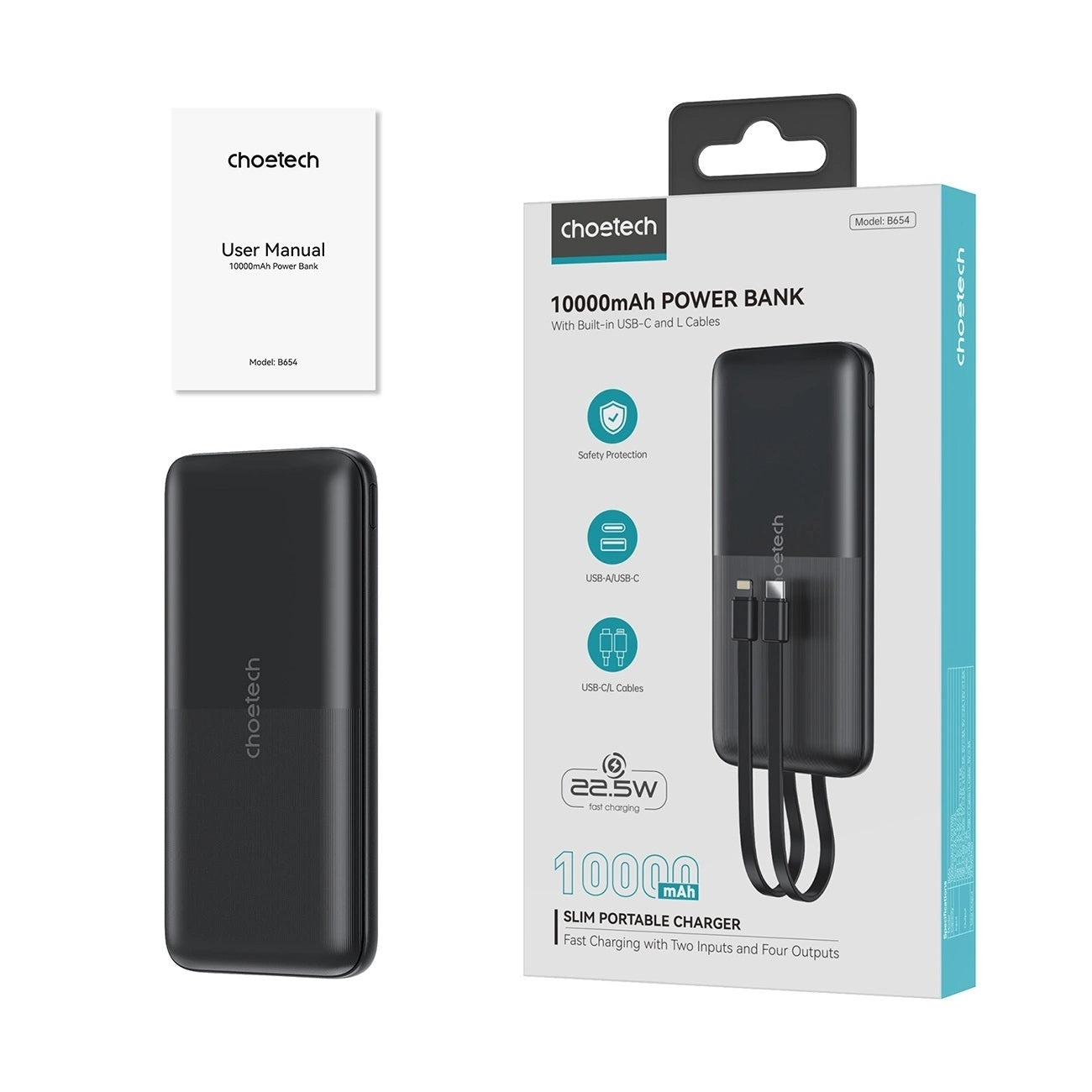 CHOETECH B654 10000mAh Pwer Bank 22.5W USB-A / USB-C / micro USB with built-in USB-C / Lightning cable - black