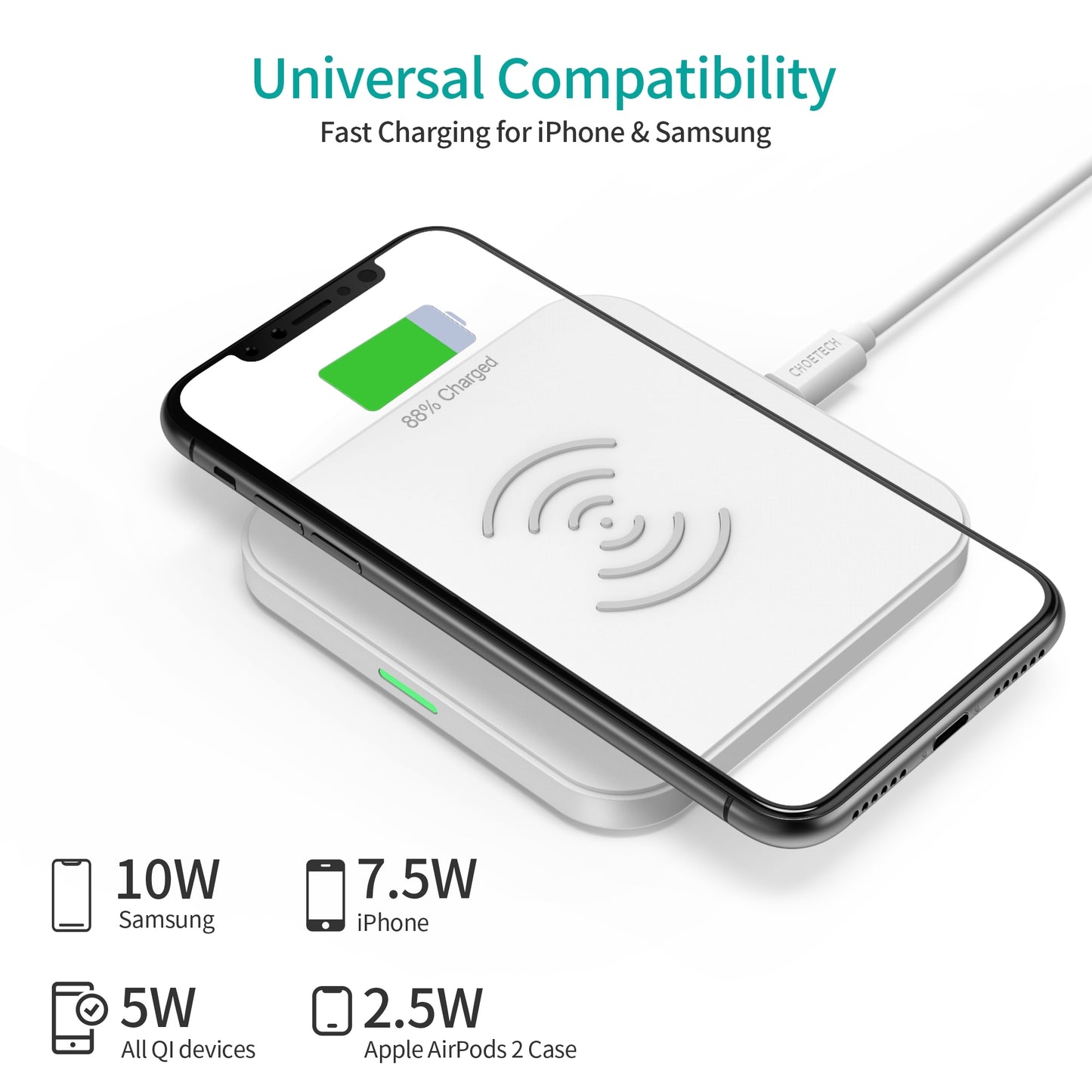 CHOETECH T511-S 10W/7.5W Fast Wireless Charger Pad (White)