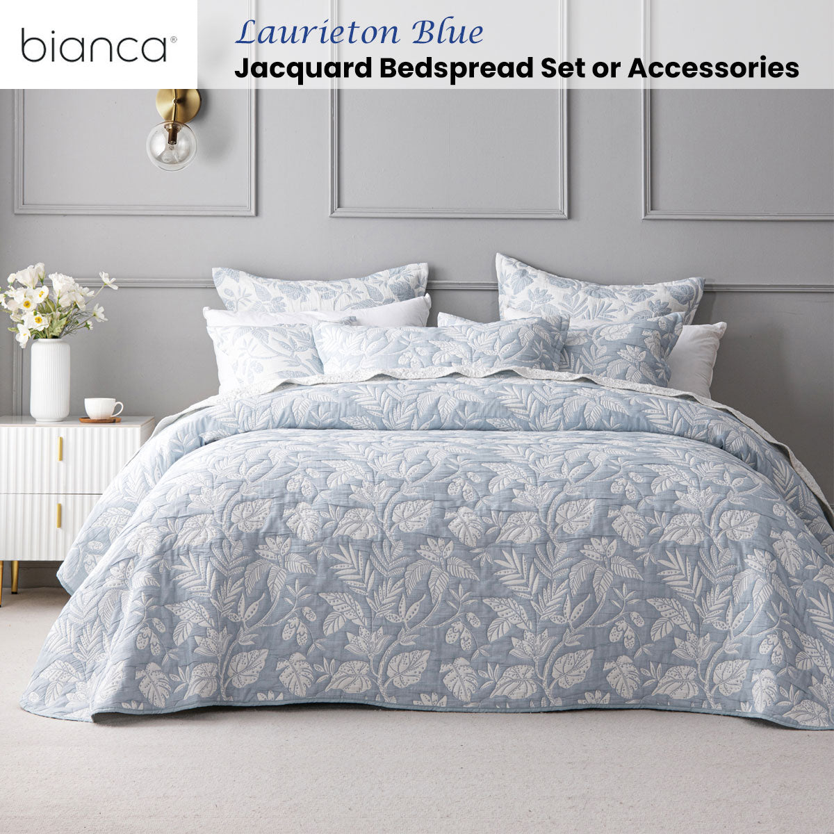 Bianca Laurieton Blue Jacquard Botanical Bedspread Set Double