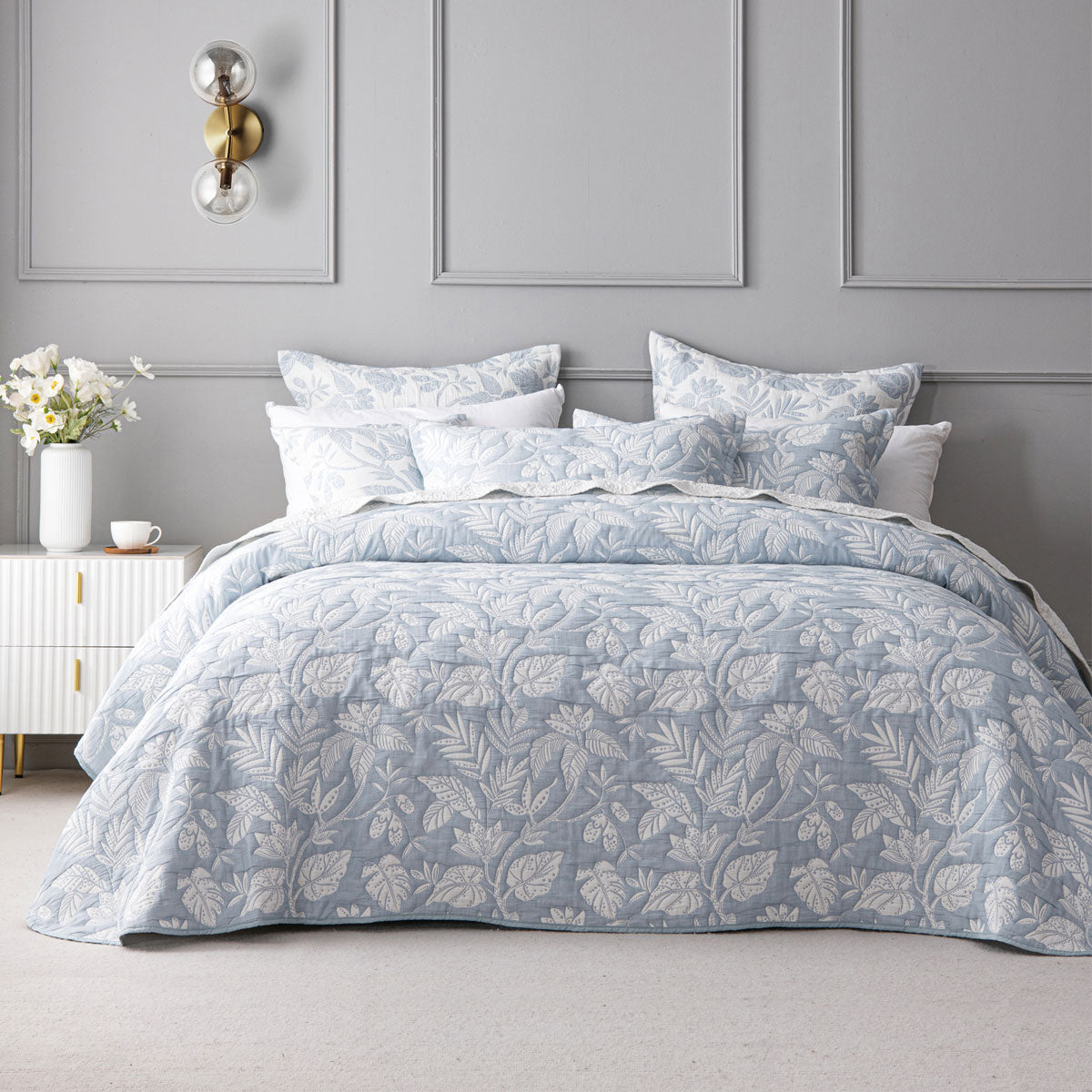 Bianca Laurieton Blue Jacquard Botanical Bedspread Set King