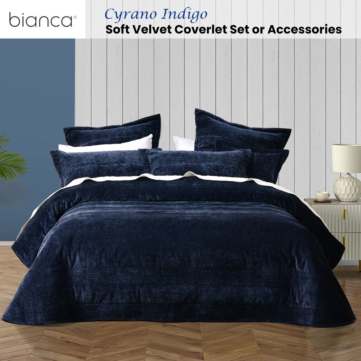 Bianca Cyrano Indigo Soft Velvet Polyester Quilted Coverlet Set Super King