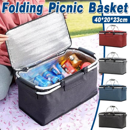 Folding Picnic Basket Insulated Cooler Bag Portable Outdoor Grocery Storage - Grey