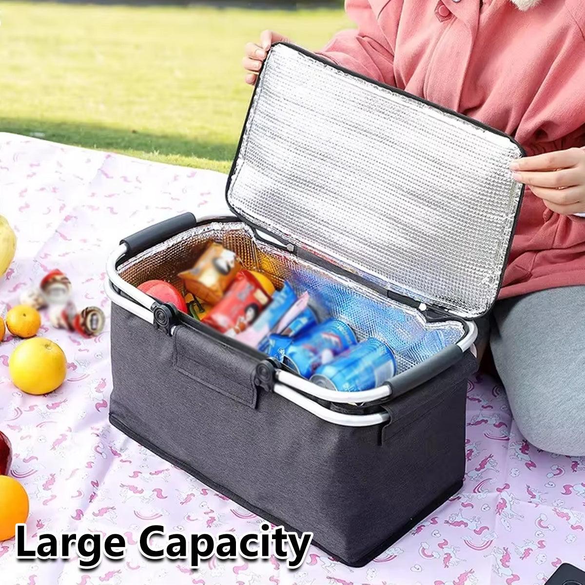 Folding Picnic Basket Insulated Cooler Bag Portable Outdoor Grocery Storage - Grey