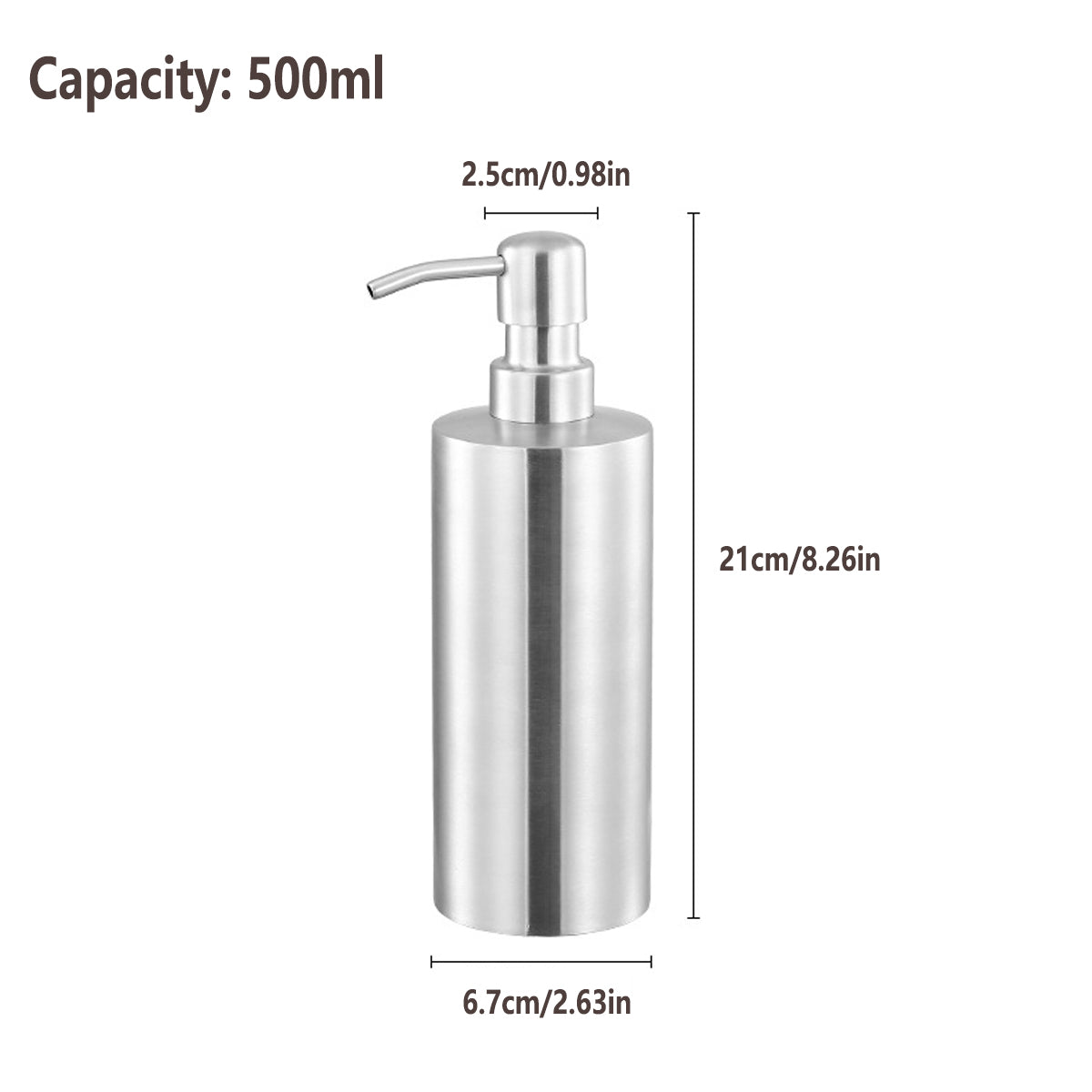 Soap Dispenser 500ml Stainless Steel Pump Silver Bathroom Liquid Container