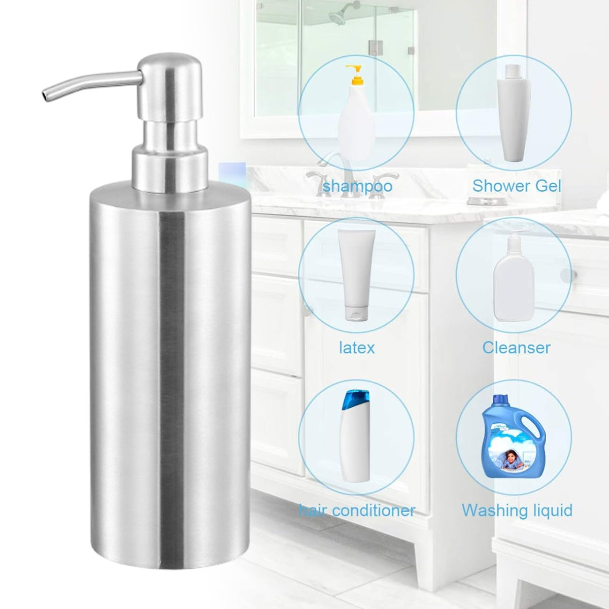 Soap Dispenser 500ml Stainless Steel Pump Silver Bathroom Liquid Container