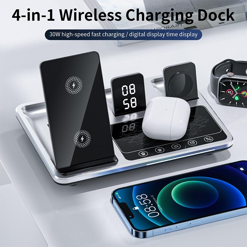 30W 4 In 1 Wireless Charger With Ambient Light Silver / Black