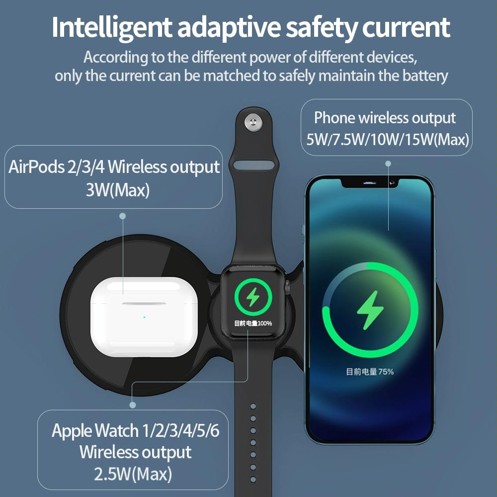 15W 3 In 1 Magnetic Wireless Charger For Phones Watch & Airpods - Black