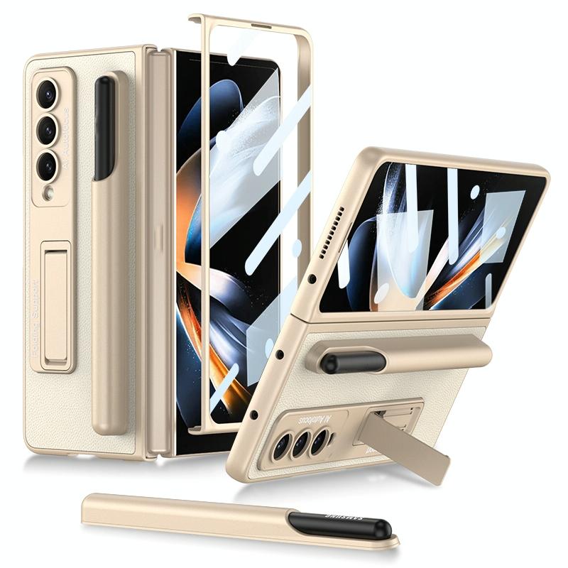 For Samsung Galaxy Z Fold4 5G Leather Case With Holder & Pen Slots - Thin & Shockproof - Grey