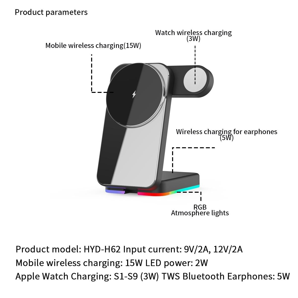 Foldable 3 In 1 Rgb Led Wireless Charger - Black