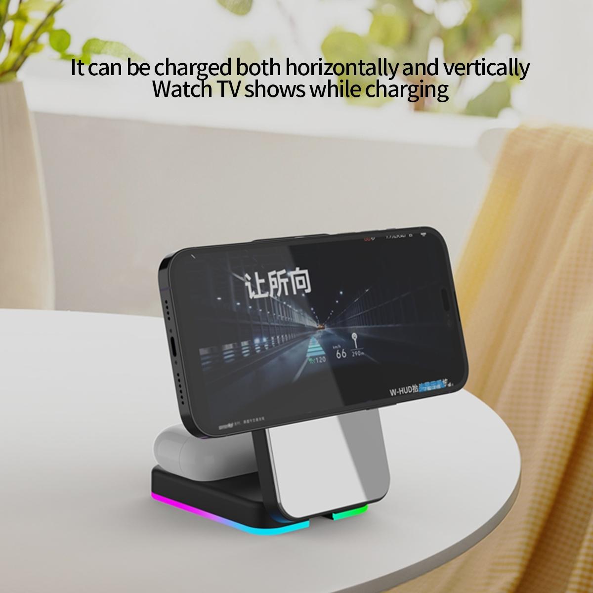 Foldable 3 In 1 Rgb Led Wireless Charger - Black