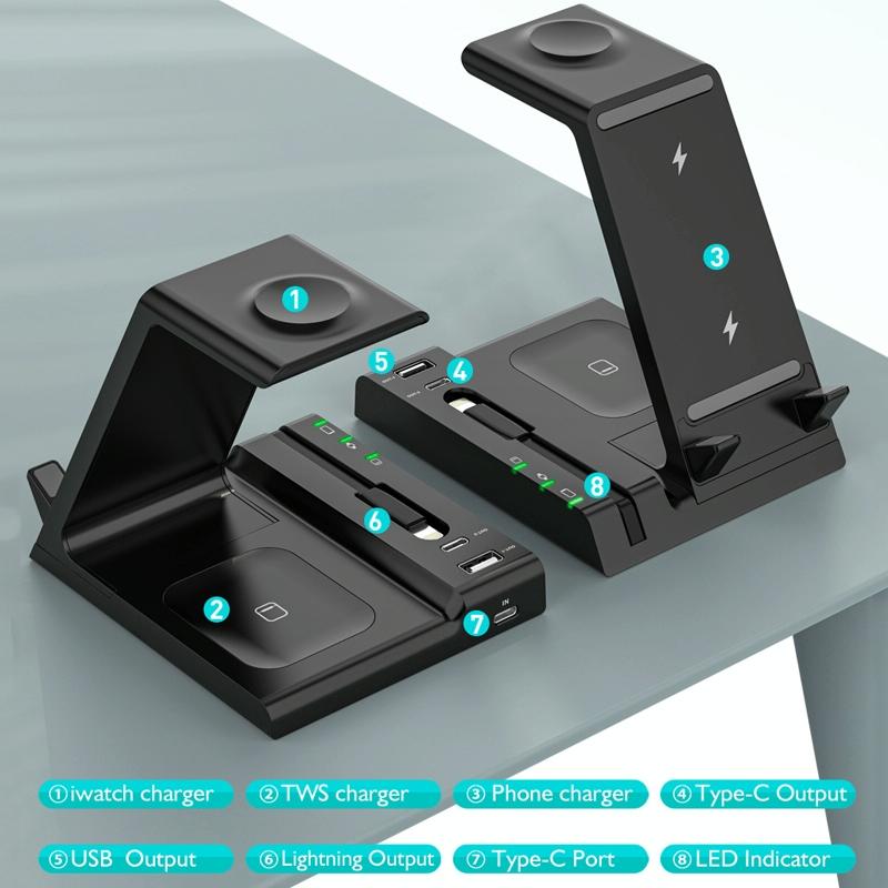 6 In 1 Wireless Charging Stand With Usb C Port & 8 Pin Cable - Black