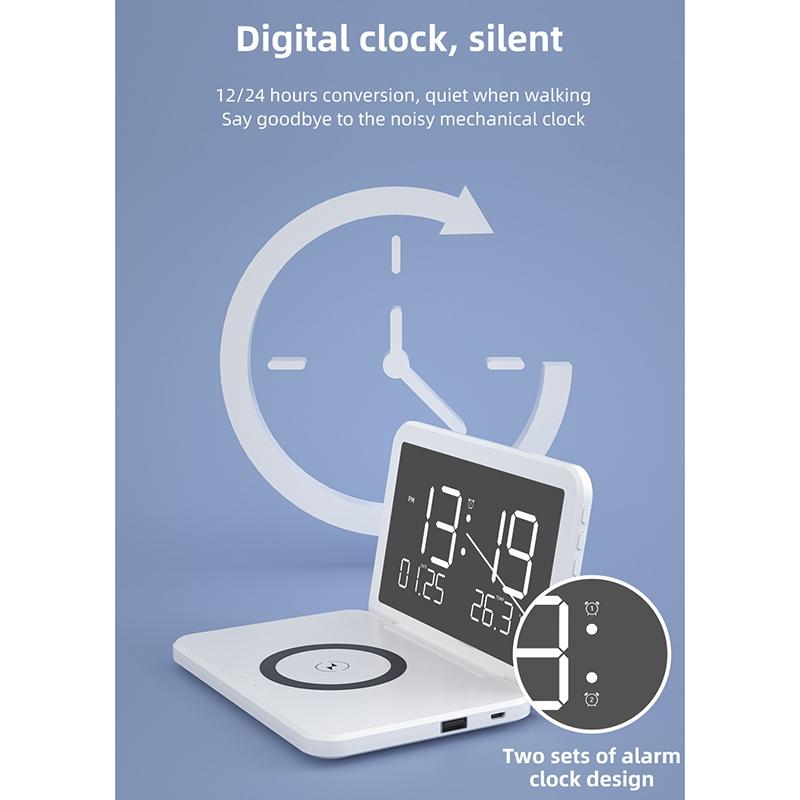 Foldable Desk Calendar Clock With Wireless Charger & Alarm - Black