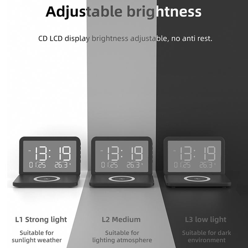 Foldable Desk Calendar Clock With Wireless Charger & Alarm - Black