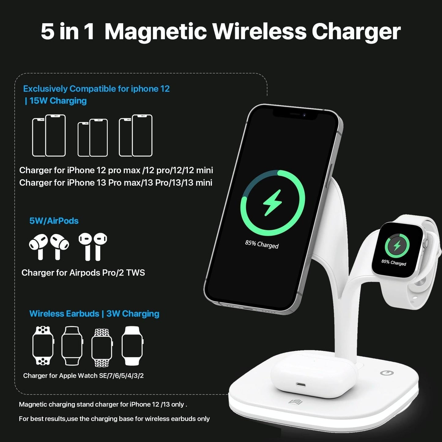 15W 5 In 1 Magnetic Wireless Charger With Stand - Black