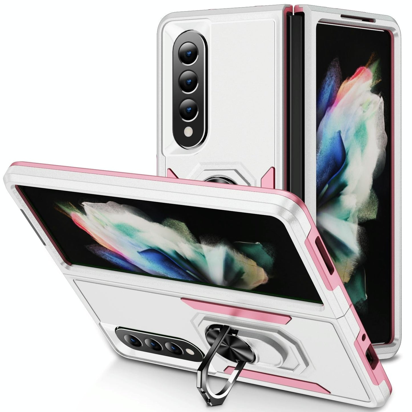 For Samsung Galaxy Z Fold4 5G Shockproof Case With Holder - Pc Tpu - White + Pink