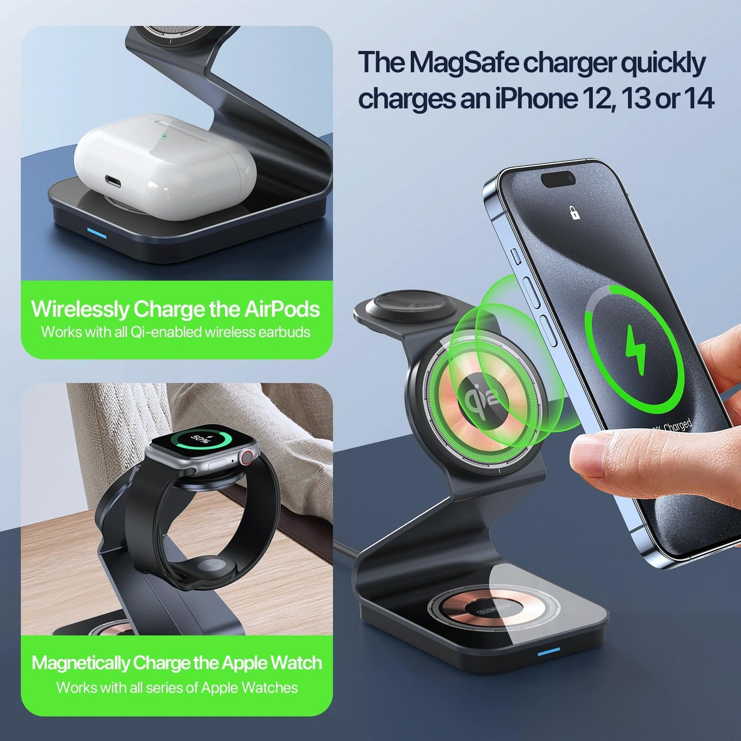 15W 3 In 1 Magnetic Wireless Charger Stand Black