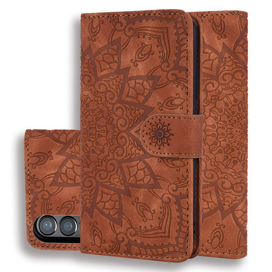 For Samsung Galaxy Z Fold4 5G Dual Fold Mandala Leather Case - Embossed Design - Brown