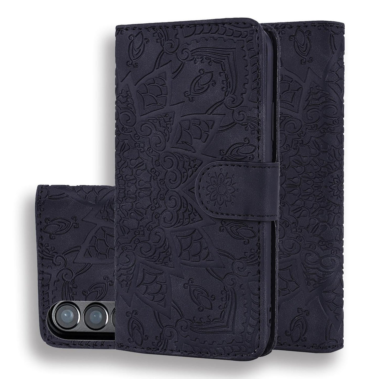 For Samsung Galaxy Z Fold4 5G Dual Fold Mandala Leather Case - Embossed Design - Brown