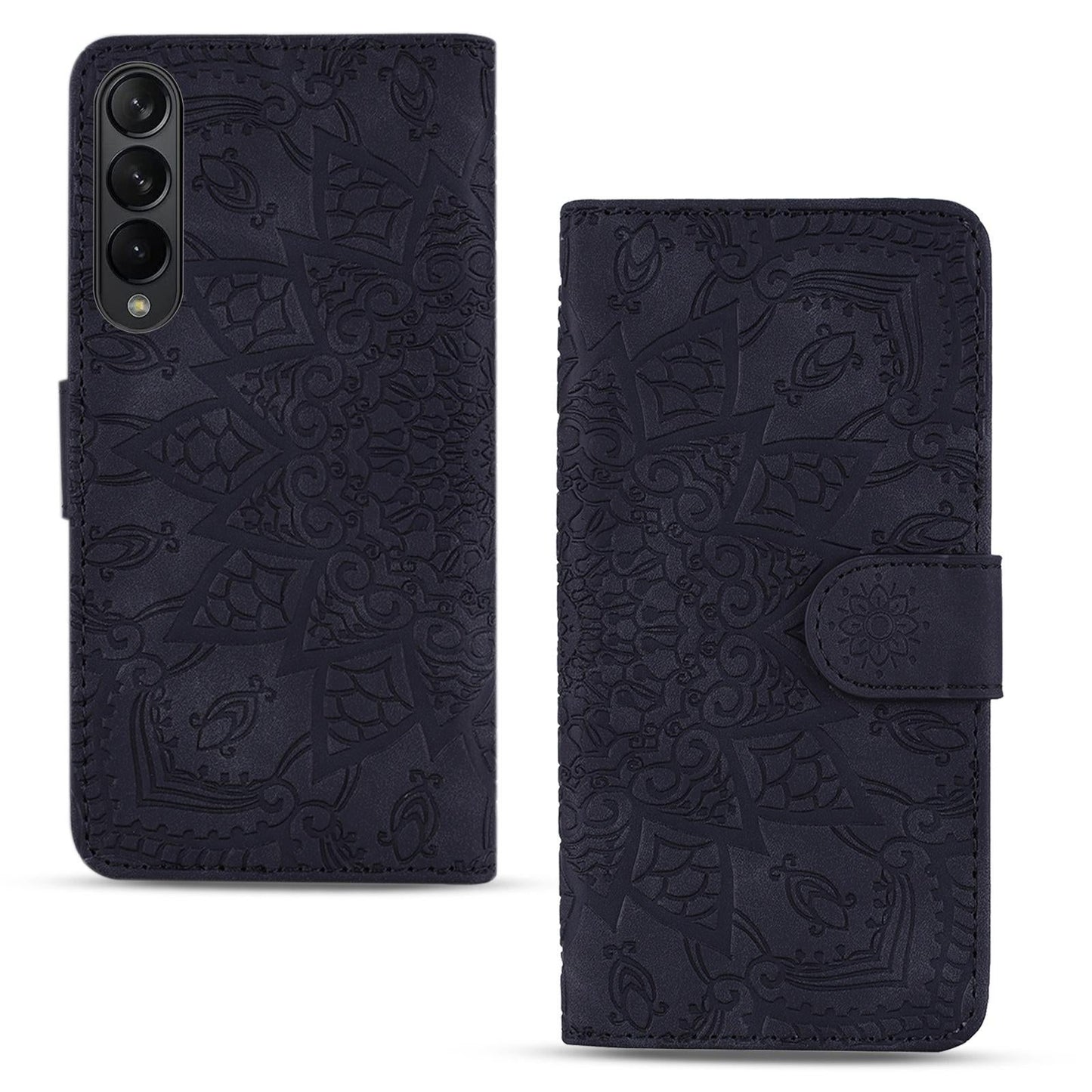 For Samsung Galaxy Z Fold4 5G Dual Fold Mandala Leather Case - Embossed Design - Brown