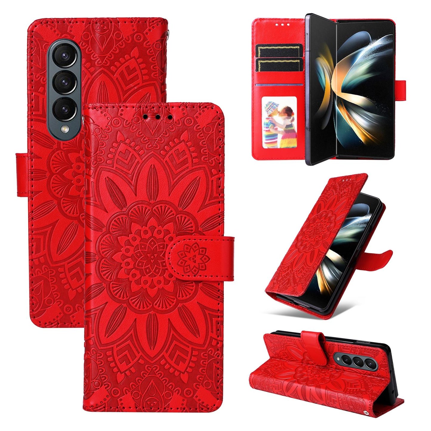 For Samsung Galaxy Z Fold4 5G Sunflower Embossed Leather Phone Case - Red