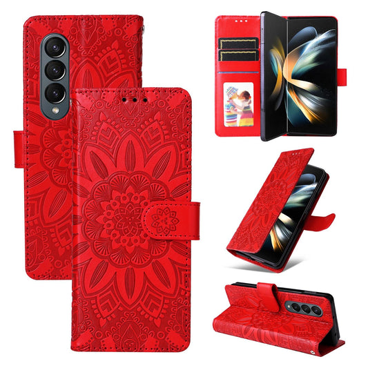 For Samsung Galaxy Z Fold4 5G Sunflower Embossed Leather Phone Case - Red