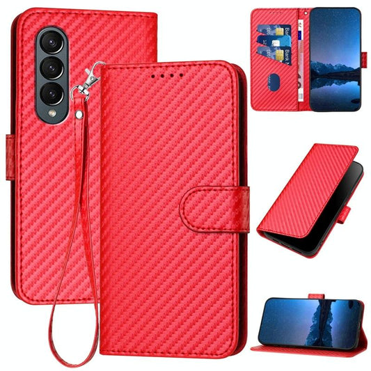 For Samsung Galaxy Z Fold4 5G Carbon Fiber Leather Phone Case With Lanyard - Red