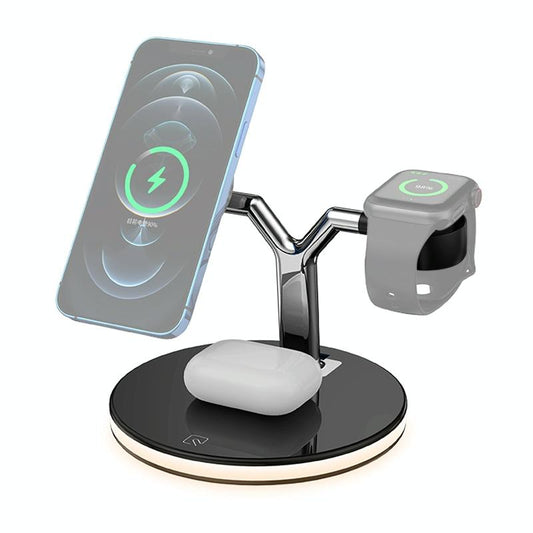 15W 3 In 1 Magnetic Wireless Charger For Phones Watches And Airpods With Led Light - Black