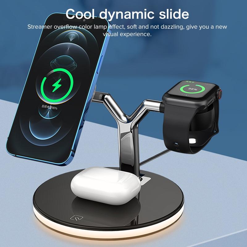 15W 3 In 1 Magnetic Wireless Charger For Phones Watches And Airpods With Led Light - Black