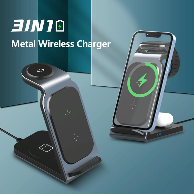 3 In 1 Vertical Metal Wireless Charger - Silver
