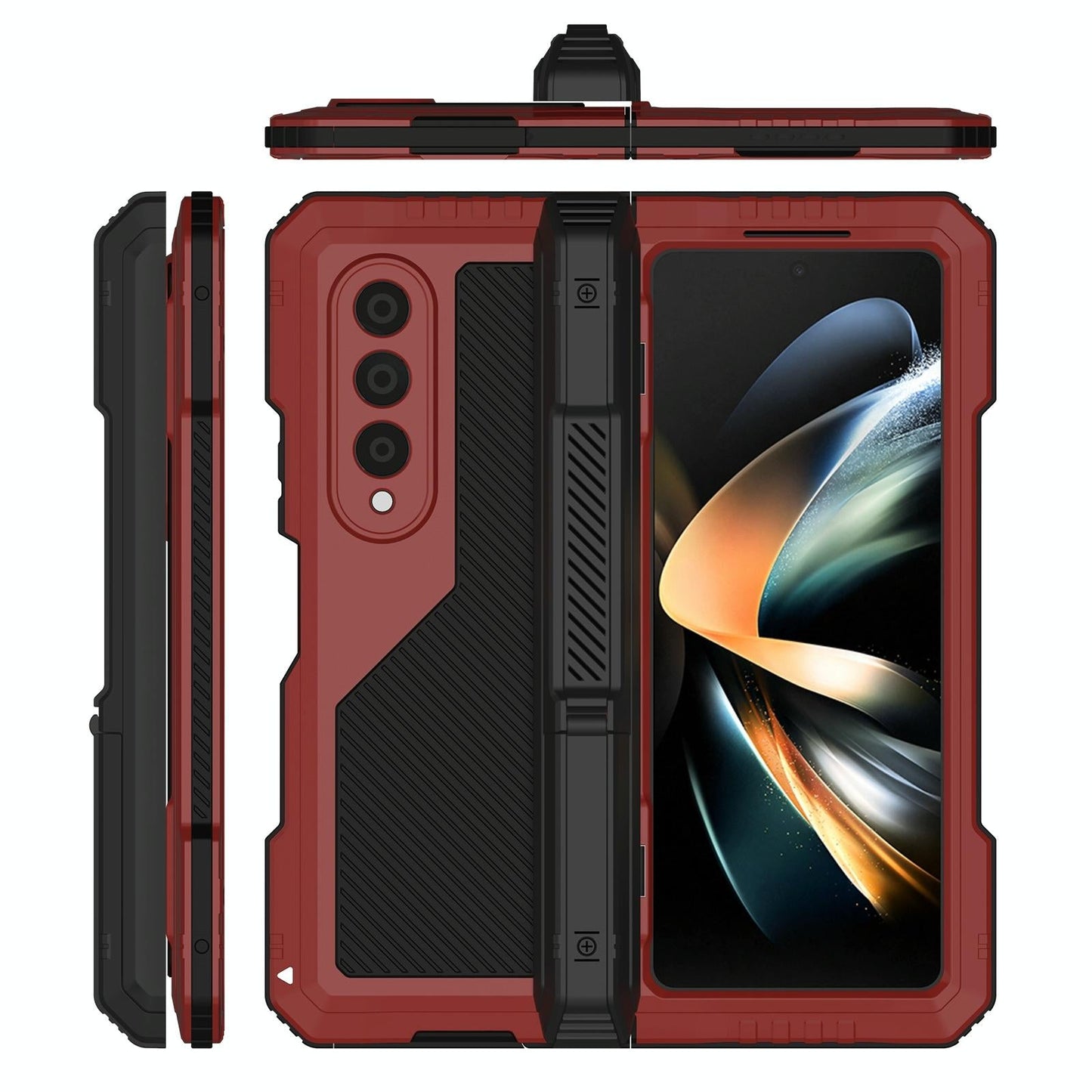 For Samsung Galaxy Z Fold4 5G Waterproof Metal Phone Case With Folding Holder - Red