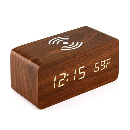 5W Wooden Wireless Charger With Led Mirror Display And Sub Alarm Clock - Rosewood