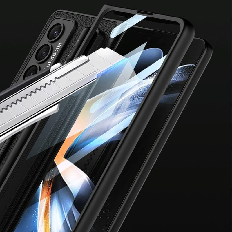 For Samsung Galaxy Z Fold4 5G Leather Case With Holder & Pen Slots - Thin & Shockproof - Black