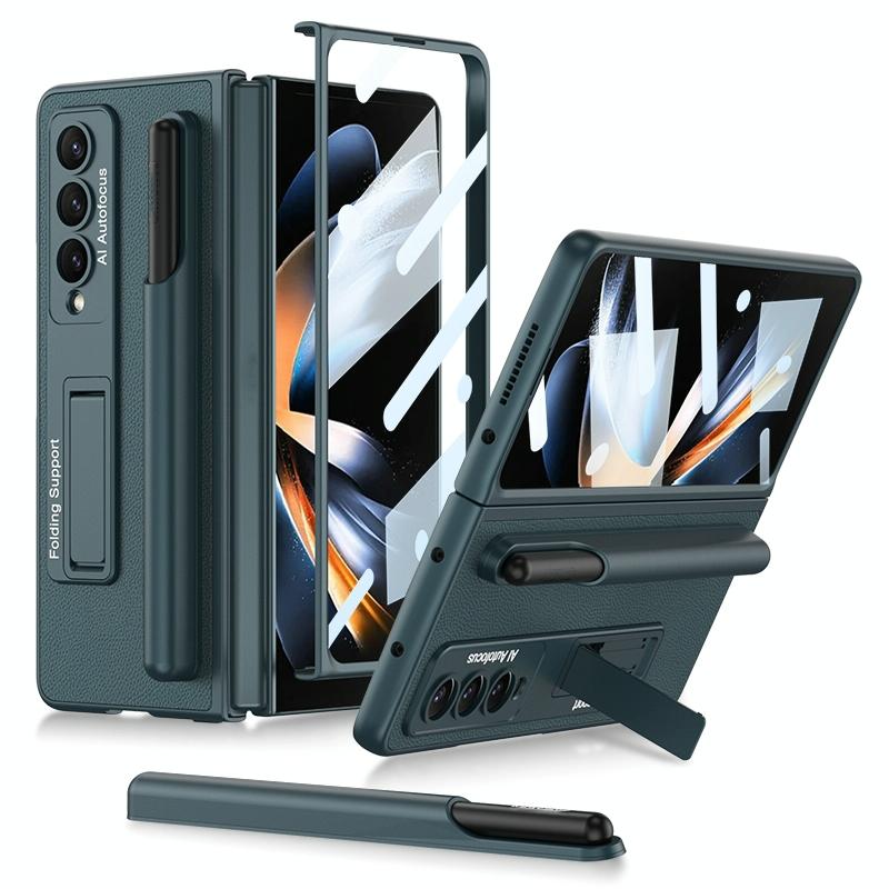 For Samsung Galaxy Z Fold4 5G Leather Case With Holder & Pen Slots - Thin & Shockproof - Black