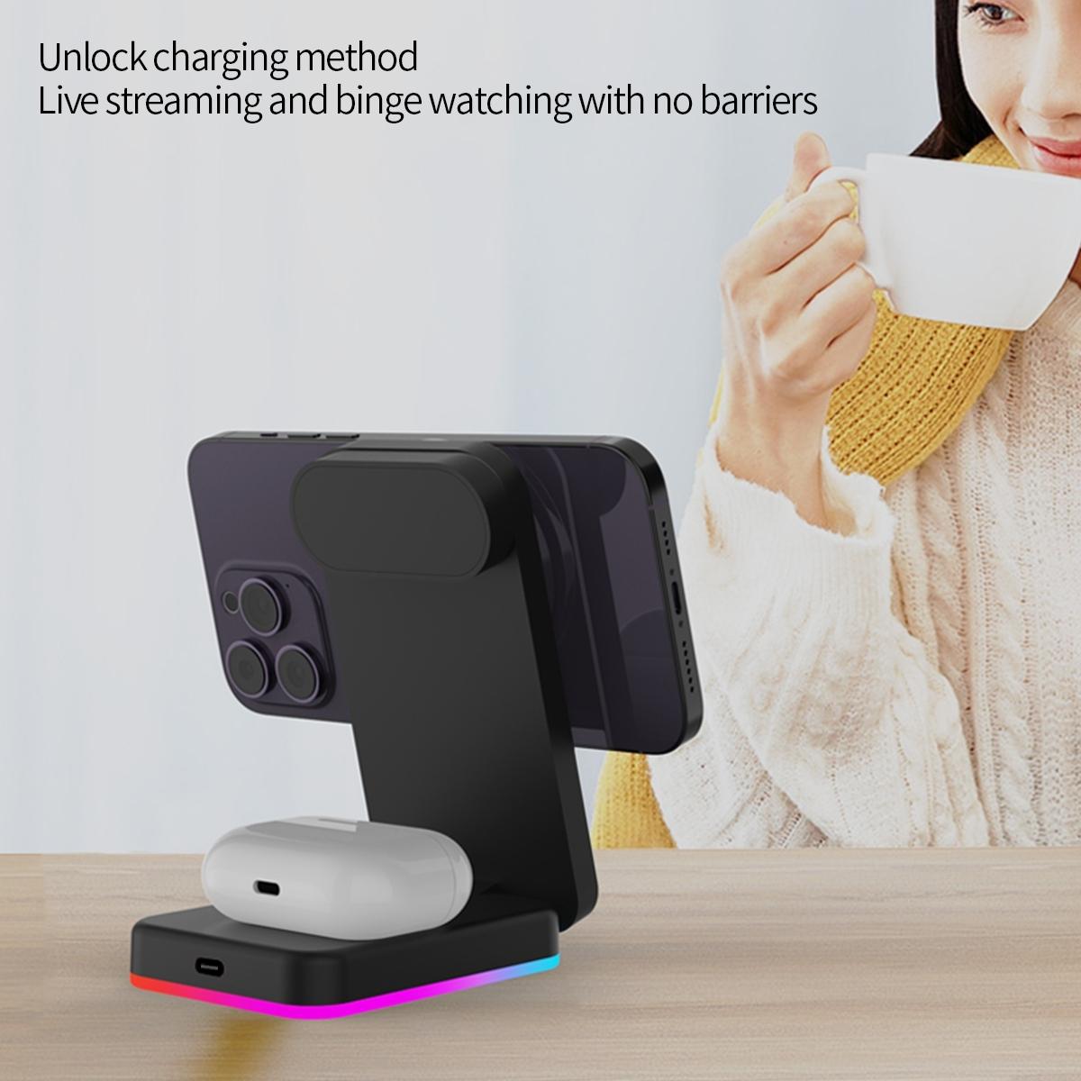 Foldable 3 In 1 Rgb Led Wireless Charger - White
