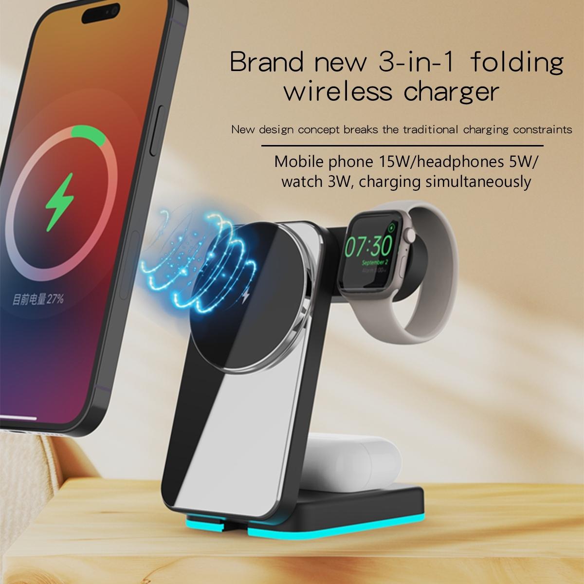 Foldable 3 In 1 Rgb Led Wireless Charger - White