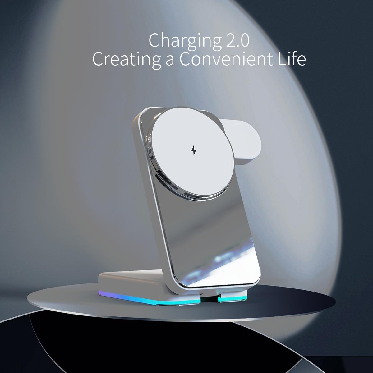 Foldable 3 In 1 Rgb Led Wireless Charger - White