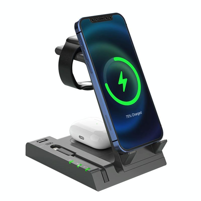 6 In 1 Wireless Charging Stand With Usb C Port & 8 Pin Cable - White