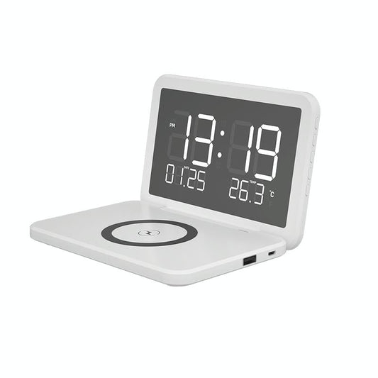 Foldable Desk Calendar Clock With Wireless Charger & Alarm - White