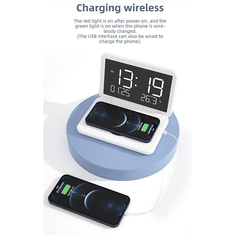 Foldable Desk Calendar Clock With Wireless Charger & Alarm - White