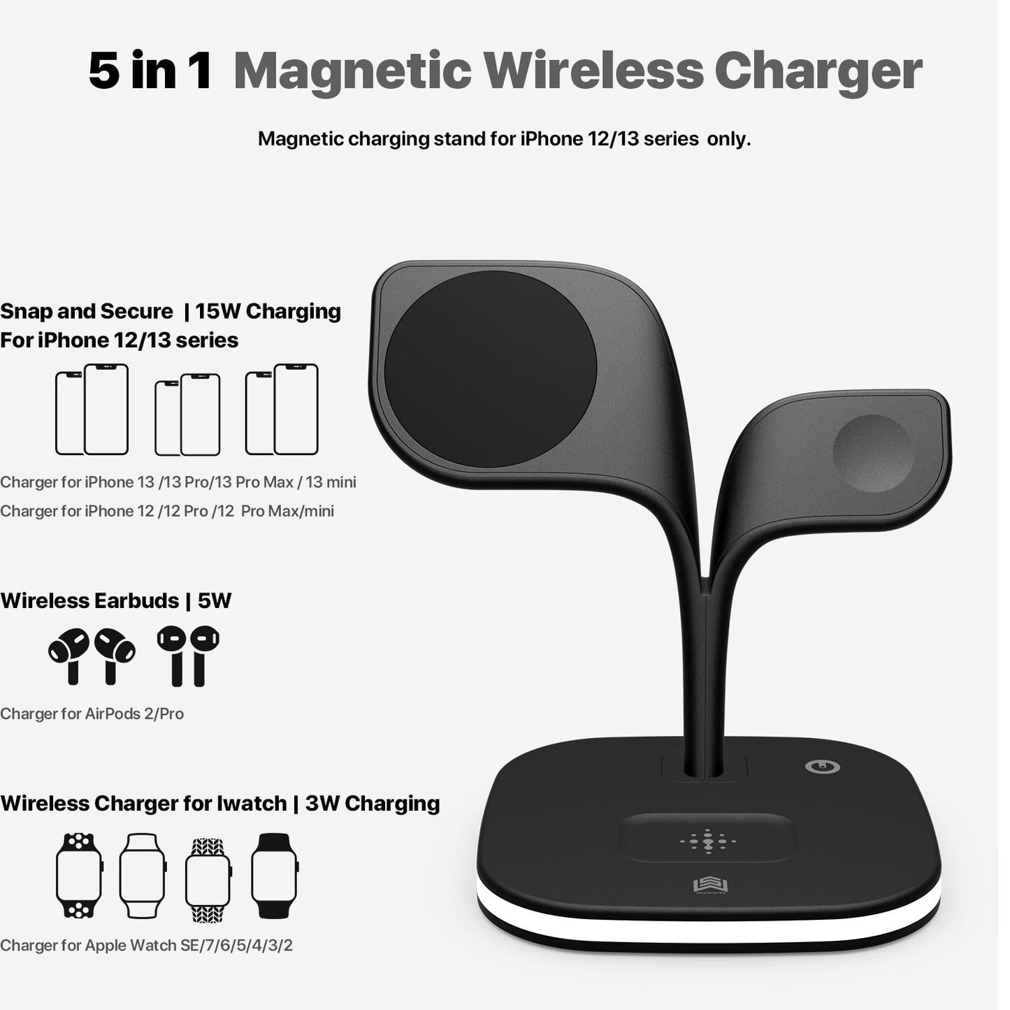 15W 5 In 1 Magnetic Wireless Charger With Stand - White