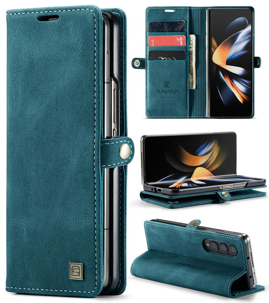 For Samsung Galaxy Z Fold4 5G Vintage Rfid Leather Phone Case - Blue