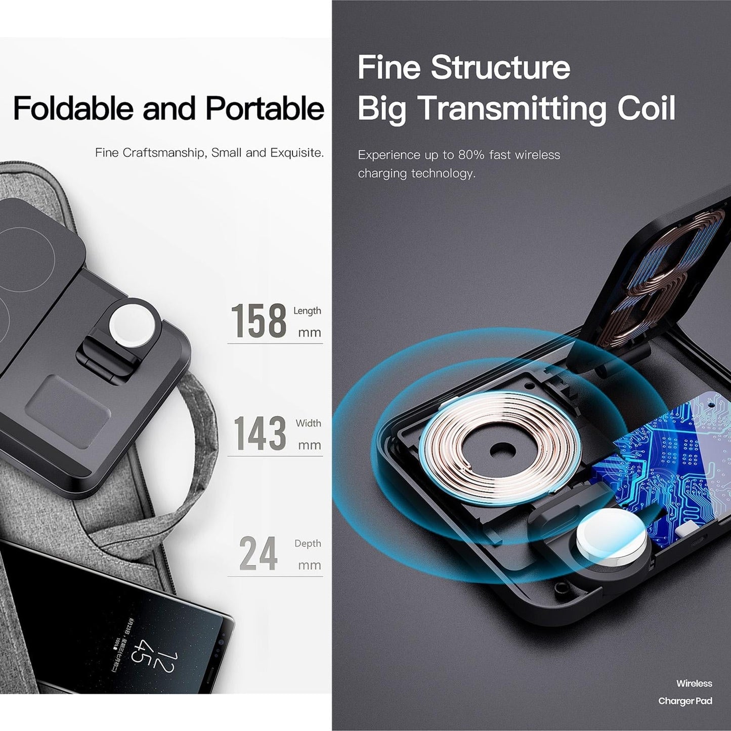 15W 3 In 1 Foldable Wireless Charger - White