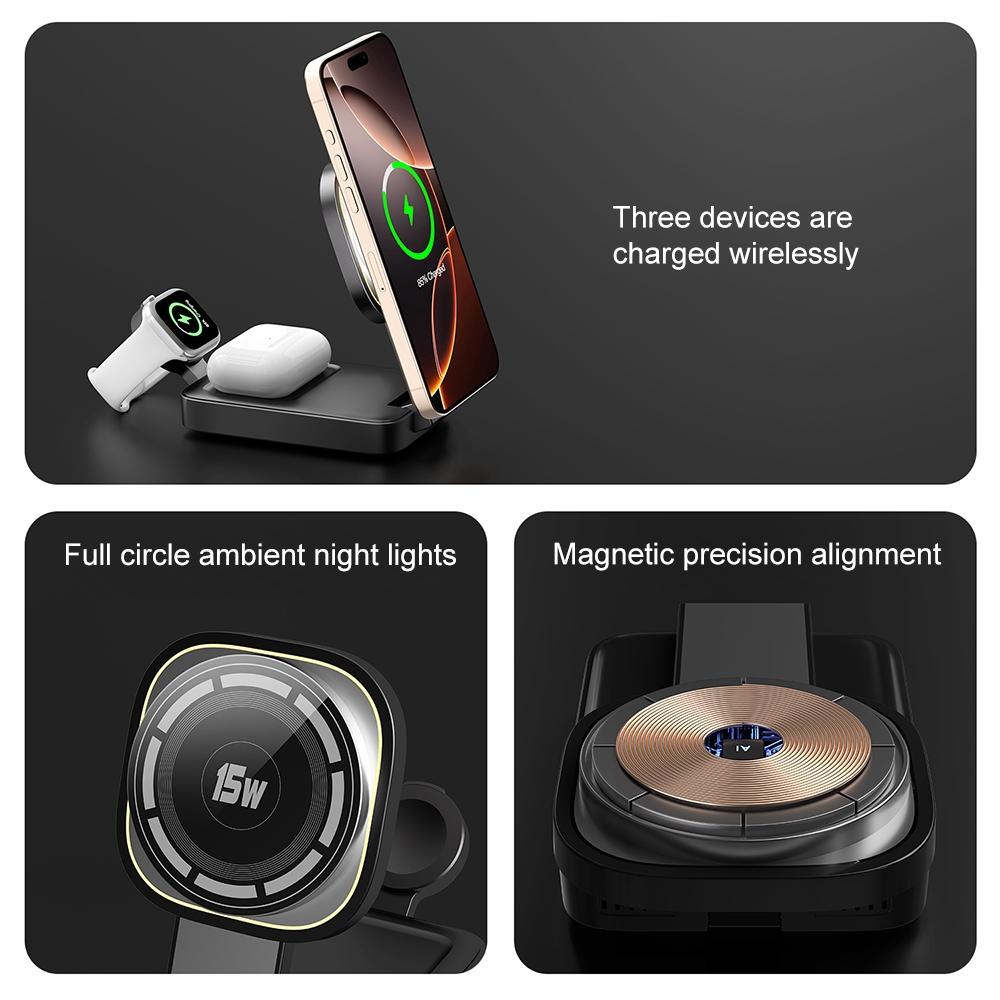 3 In 1 Magnetic Wireless Charger With Led Light - White