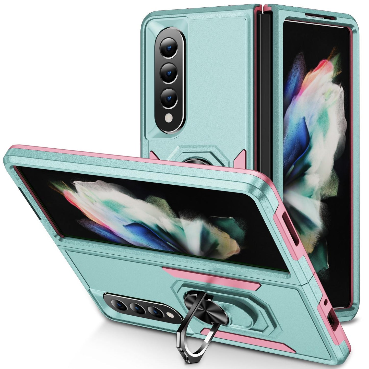 For Samsung Galaxy Z Fold4 5G Shockproof Case With Holder - Pc Tpu - Pink + Rose Red