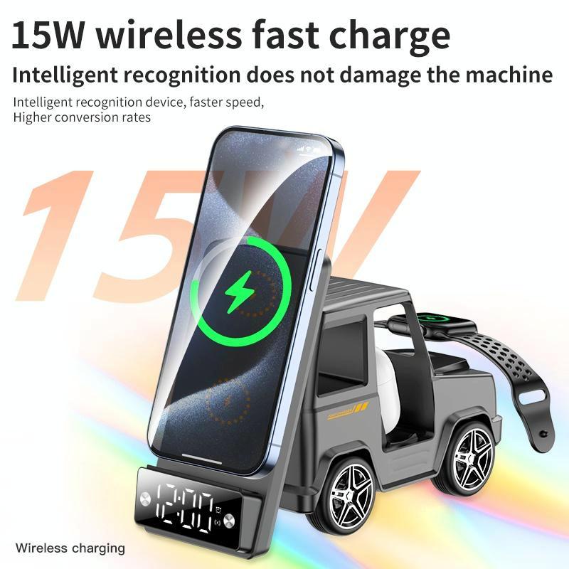 6 In 1 Car Shape Speaker With Clock & Wireless Charger - Orange