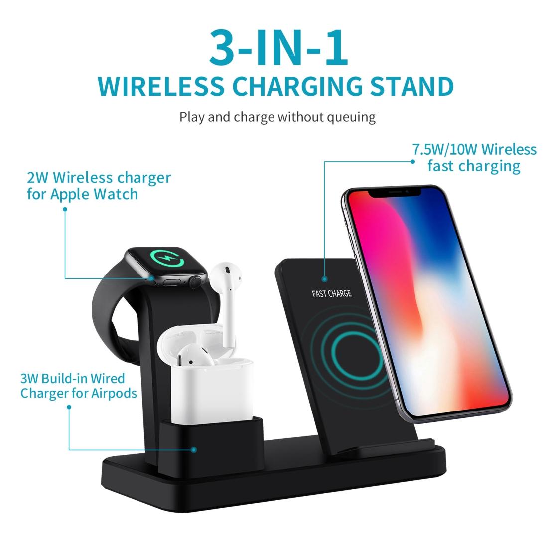 3 In 1 Wireless Charger For Iphone Apple Watch Airpods & Android Black