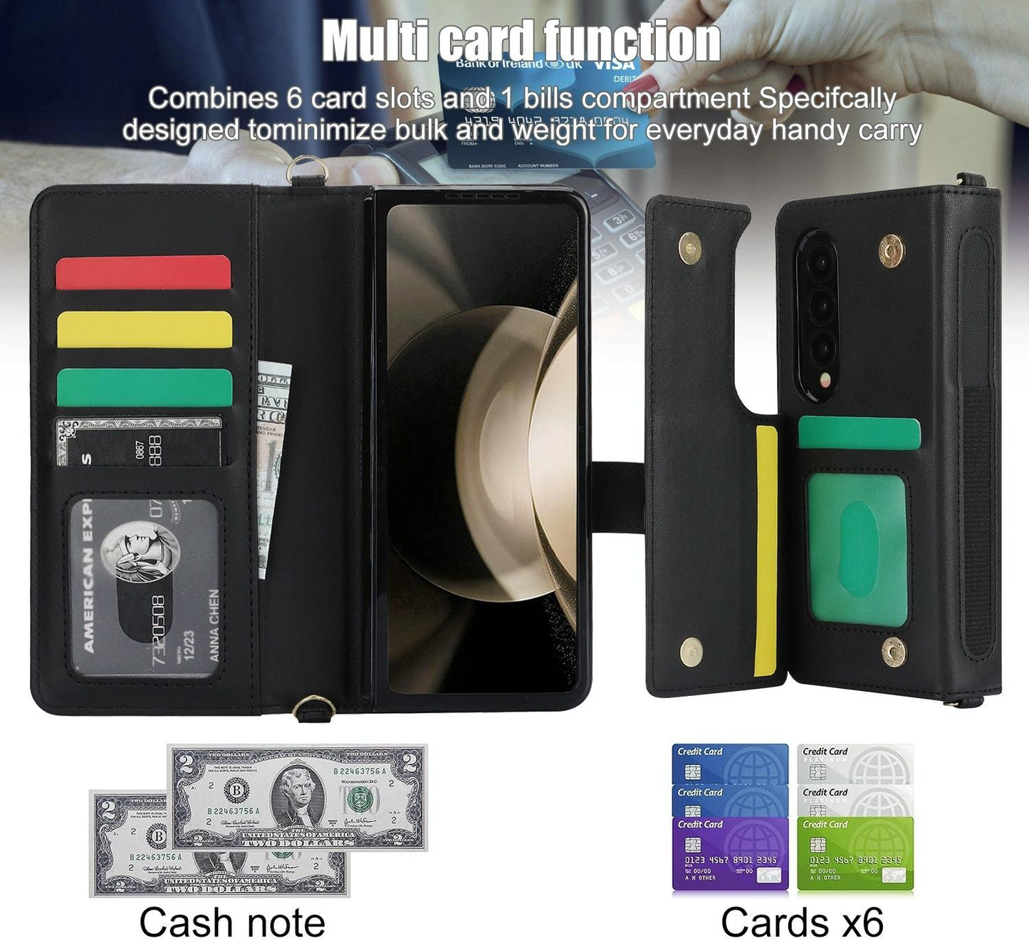 For Samsung Galaxy z Fold4 5G Multifunctional Rhombic Leather Crossbody Phone Case - Black