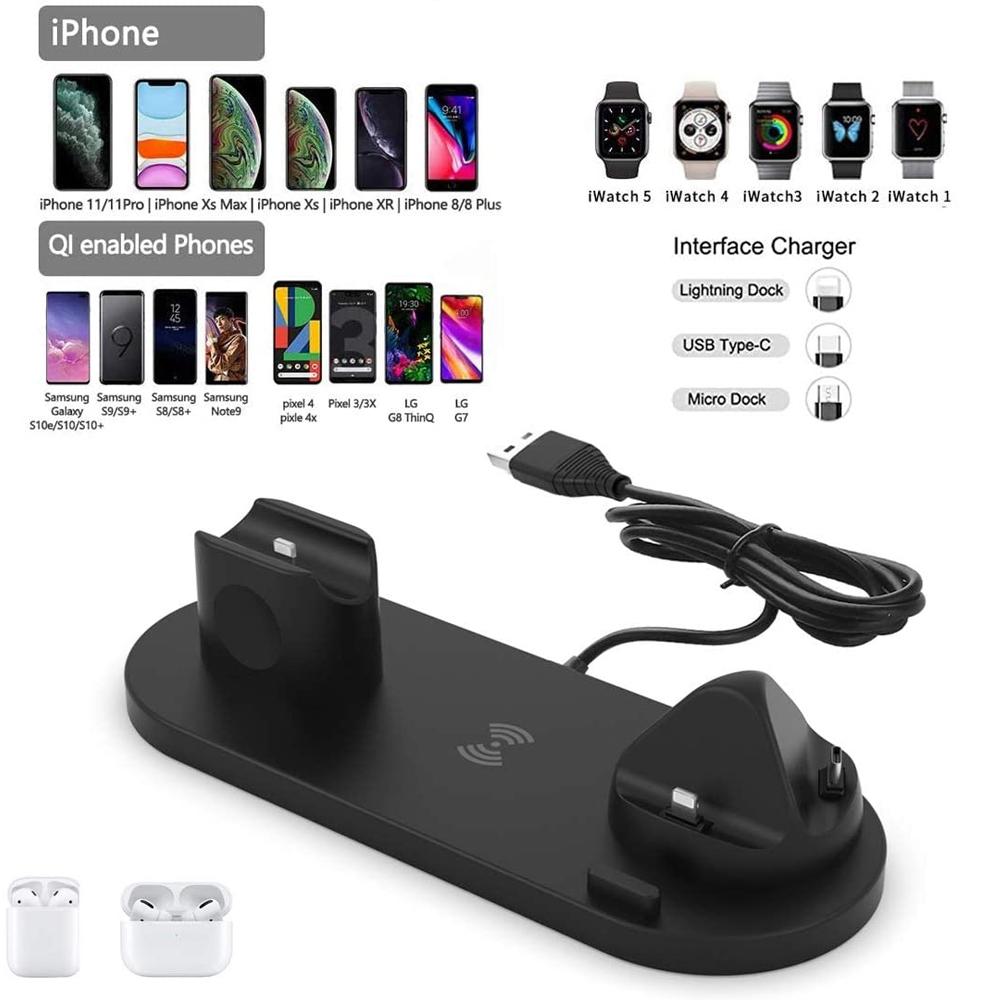 6 In 1 Wireless Charger For Iphone Apple Watch Airpods & Android - Black